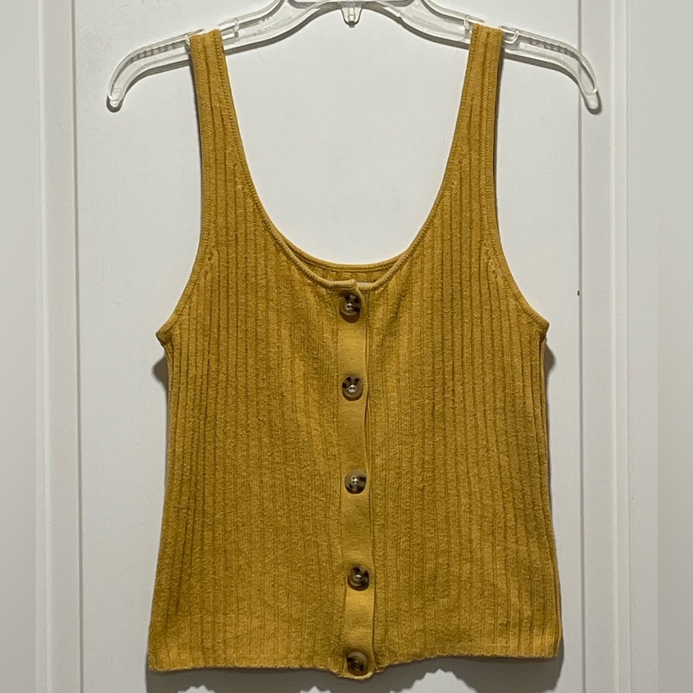 American Eagle 70s Boho Chic Sz Large Button Front Yellow Ribbed Sweater Crop - Picture 3 of 13